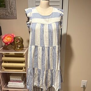 JCREW Blue and white striped 3-tier linen dress